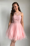 Cute Pink Crew Neck Beaded Short Homecoming Dress