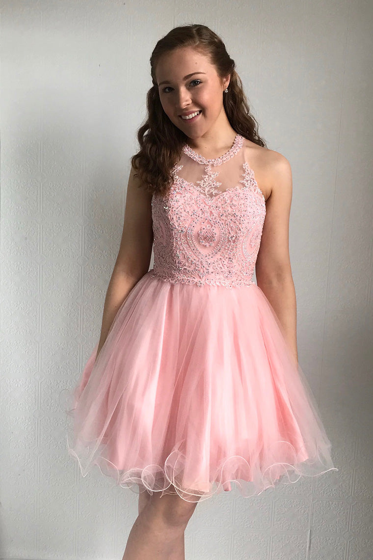 Cute Pink Crew Neck Beaded Short Homecoming Dress – FancyVestido