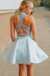 Two Piece Short Light Sky Blue Homecoming Dress with Pockets