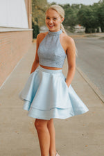 Two Piece Short Light Sky Blue Homecoming Dress with Pockets