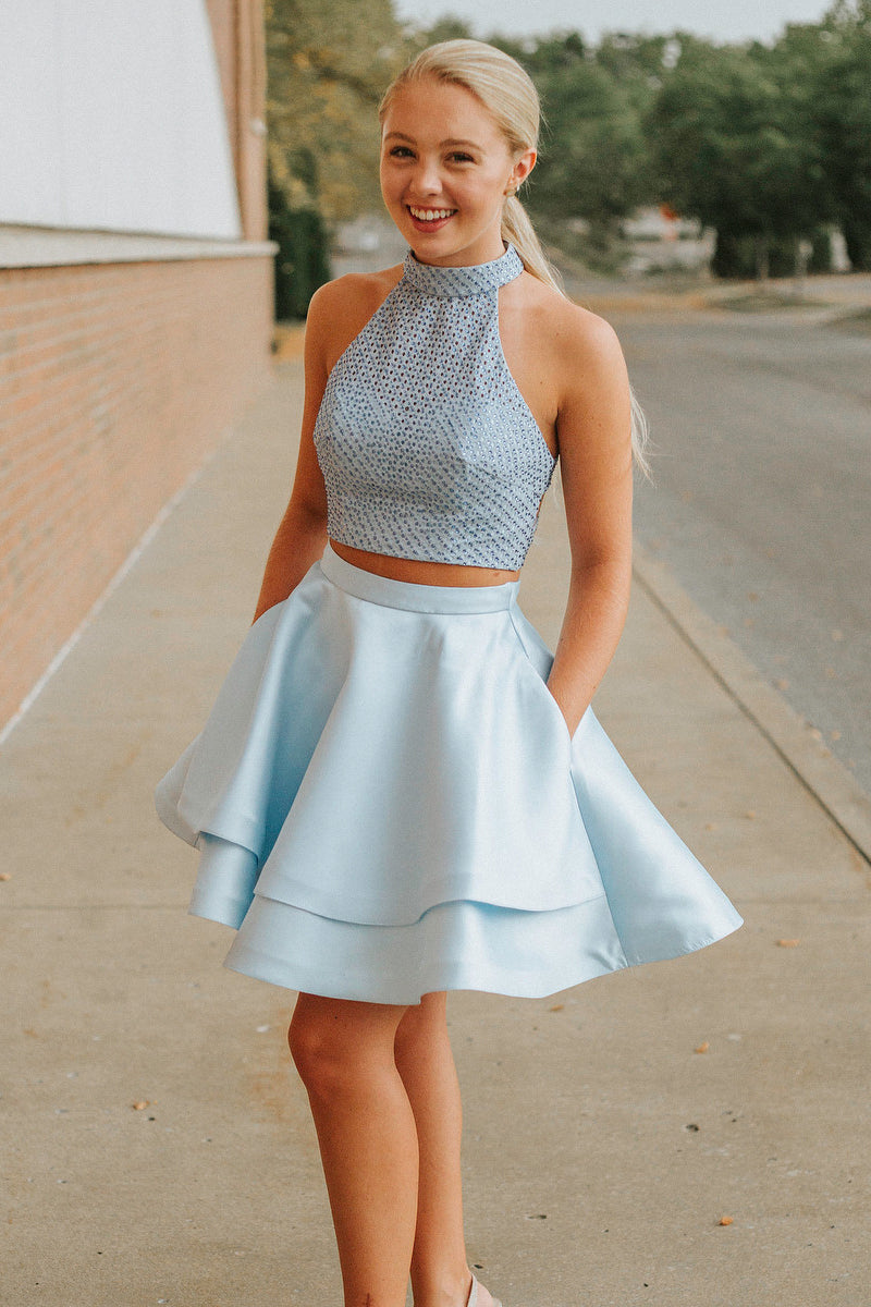 Two Piece Short Light Sky Blue Homecoming Dress with Pockets FancyVestido Two Piece Short Light Sky Blue Homecoming Dress with Pockets FancyVestido
