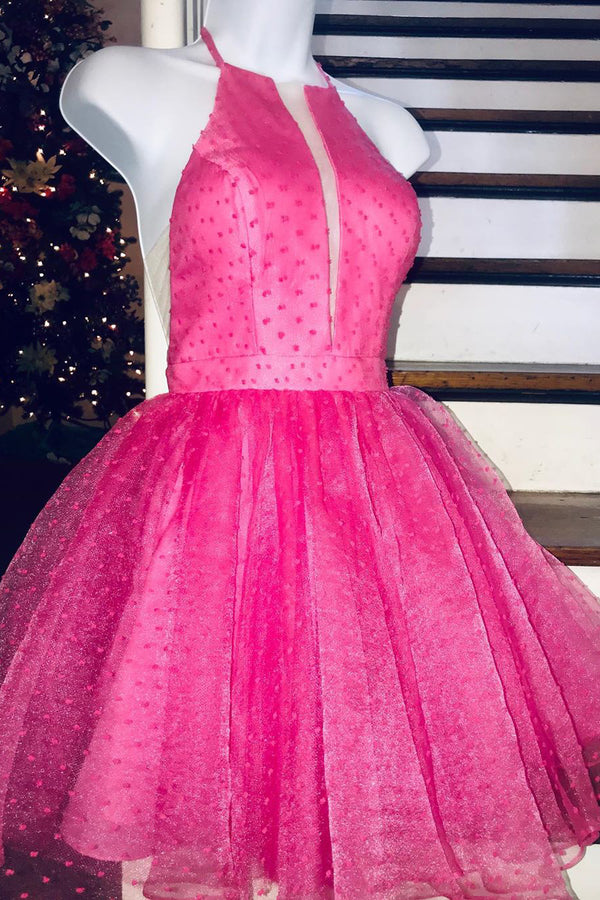 Cute Short Hot Pink Halter Homecoming Dress