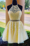 Free Shipping Halter Appliqued Yellow Homecoming Dress