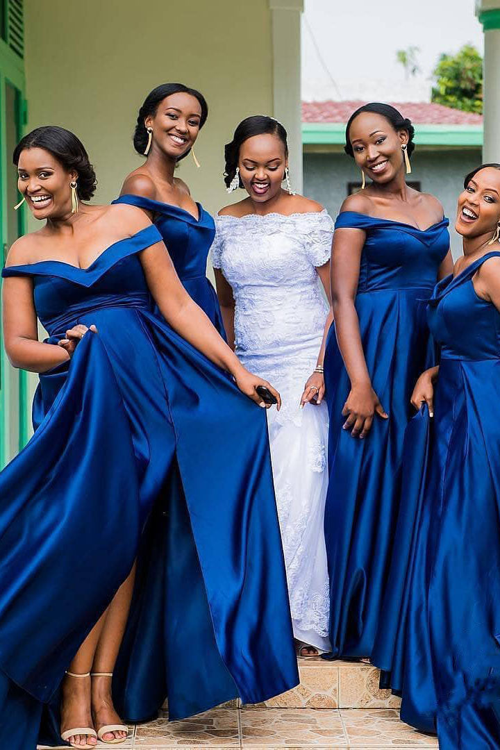 Off the Shoulder Royal Blue Long Bridesmaid Dress with Slit FancyVestido Off the Shoulder Royal Blue Long Bridesmaid Dress with Slit FancyVestido