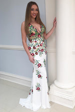 Mermaid Backless Floral Long Prom Dress with Embroidery