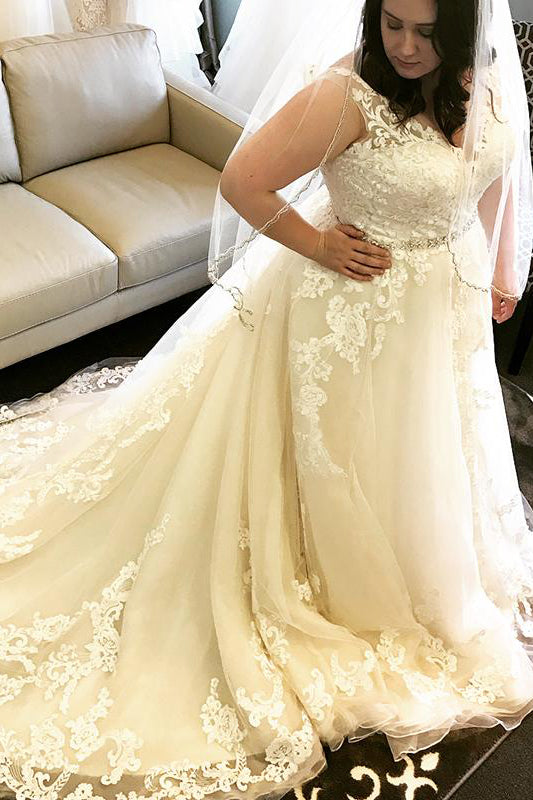 Plus Size Long V-Neck A-line Champagne Wedding Dress with Lace – FancyVestido Plus Size Long V-Neck A-line Champagne Wedding Dress with Lace – FancyVestido