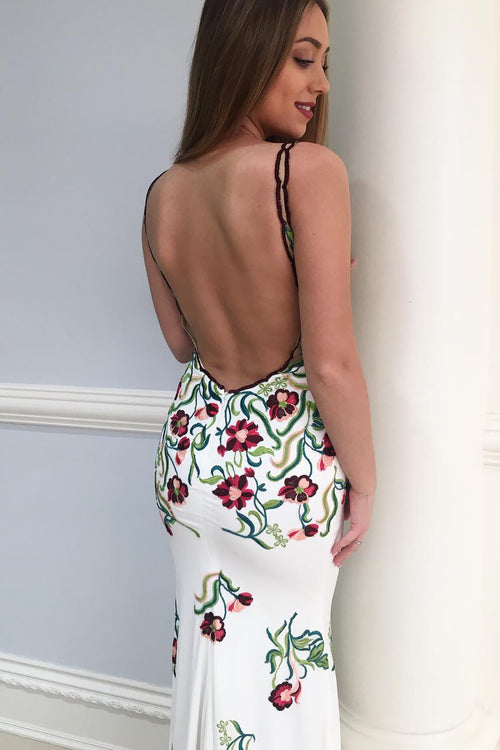 Mermaid Backless Floral Long Prom Dress with Embroidery