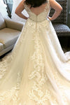 Plus Size Long V-Neck A-line Champagne Wedding Dress with Lace