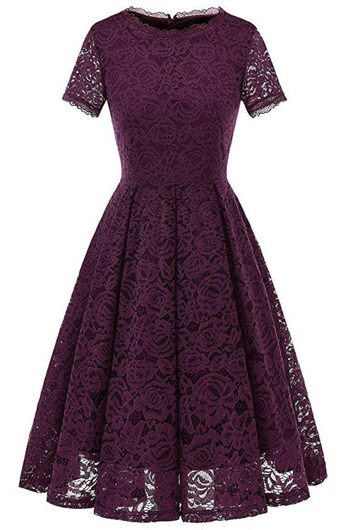 Short Sleeves Jewel Neck Lace Short Pink Party Dress
