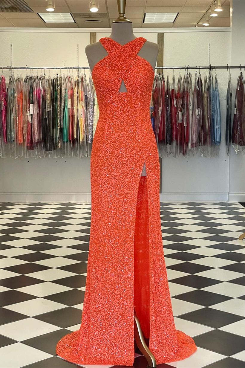 Fitted Criss Coss Neck Orange Prom Dress with Slit FancyVestido Fitted Criss Coss Neck Orange Prom Dress with Slit FancyVestido