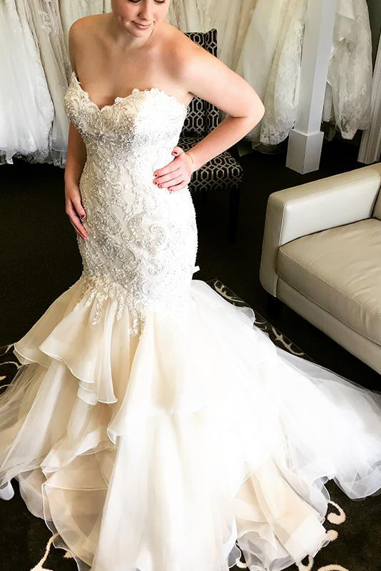 mermaid wedding dresses with ruffles and lace Long Ruffles Mermaid Sweetheart Ivory Wedding Dress with Lace – FancyVestido