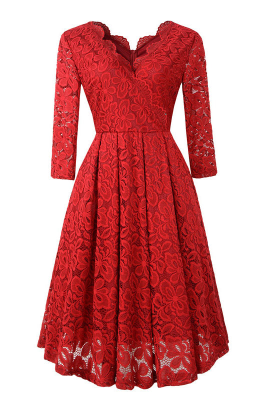 Long Sleeves Scalloped-Edge Lace Party Dress FancyVestido Long Sleeves Scalloped-Edge Lace Party Dress FancyVestido