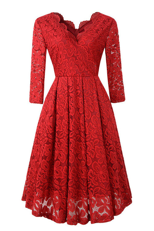Long Sleeves Scalloped-Edge Lace Party Dress
