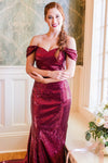 Mermaid Off-Shoulder Burgundy Sequins Long Bridesmaid Dress