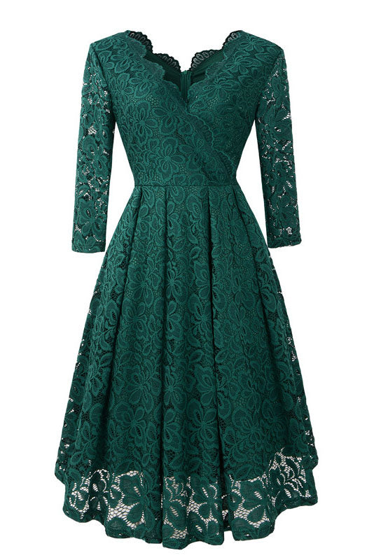 Long Sleeves Scalloped-Edge Lace Party Dress