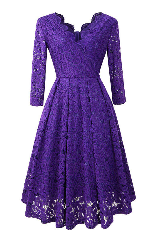 Long Sleeves Scalloped-Edge Lace Party Dress