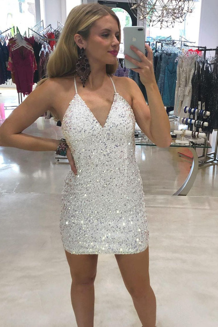 Sparkle White Sequins Short Homecoming Dress