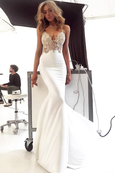 White Lace Bodice Mermaid Wedding Dress with Spaghetti Straps