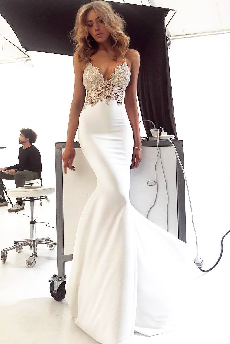 White Lace Bodice Mermaid Wedding Dress with Spaghetti Straps FancyVestido White Lace Bodice Mermaid Wedding Dress with Spaghetti Straps FancyVestido