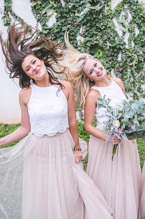 Two Piece Beige Long Bridesmaid Dress with White Lace Top FancyVestido Two Piece Beige Long Bridesmaid Dress with White Lace Top FancyVestido