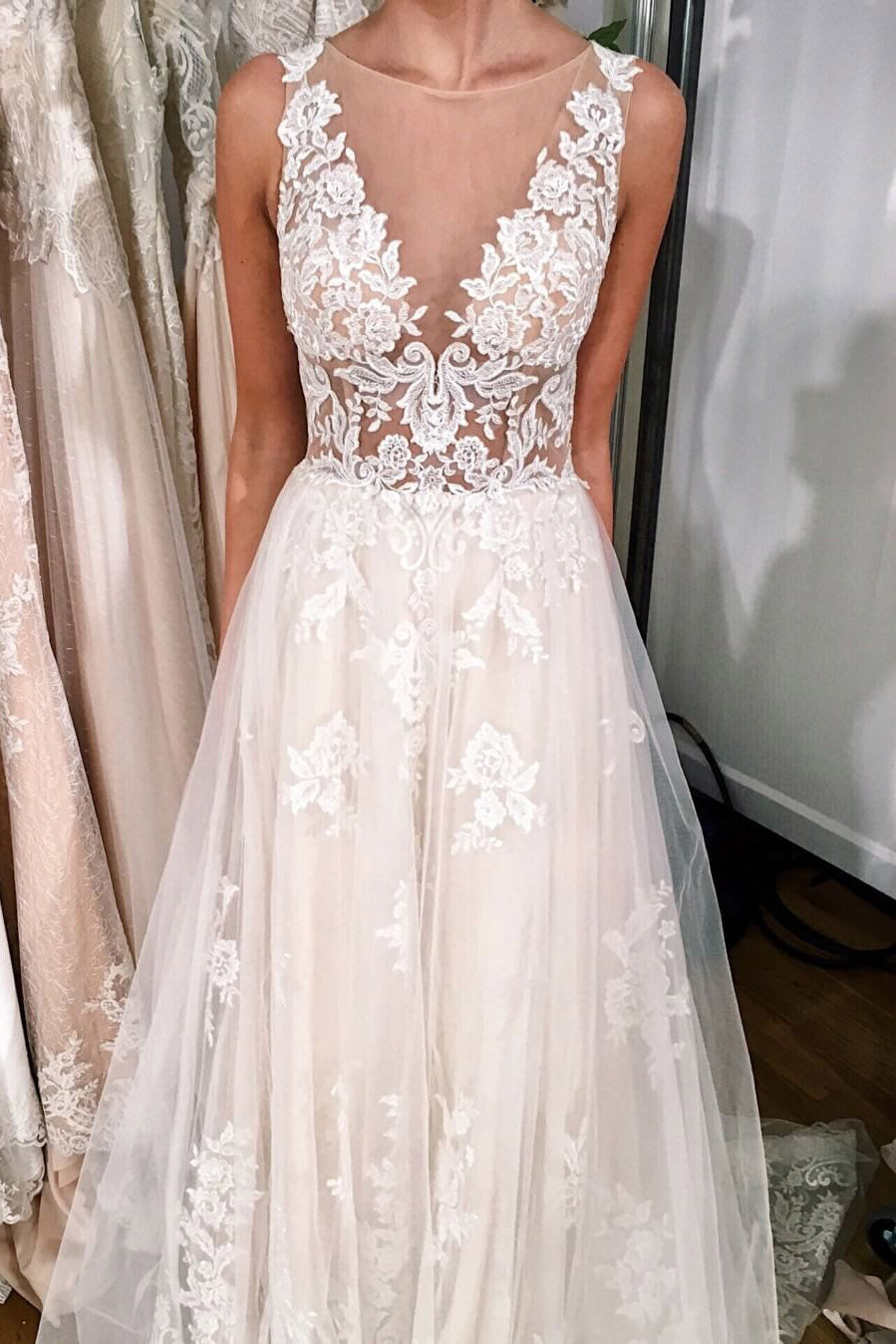 Long Illusion Neck A-line Ivory Wedding Dress with Lace FancyVestido Long Illusion Neck A-line Ivory Wedding Dress with Lace FancyVestido