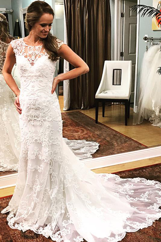 Long Mermaid Cap Sleeves Ivory Wedding Dress with Lace – FancyVestido