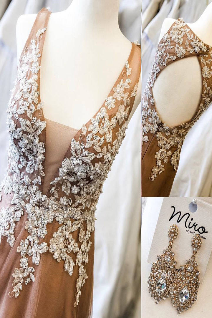 Hollow Out Back Appliqued Long Peach Prom Dress with Pearls