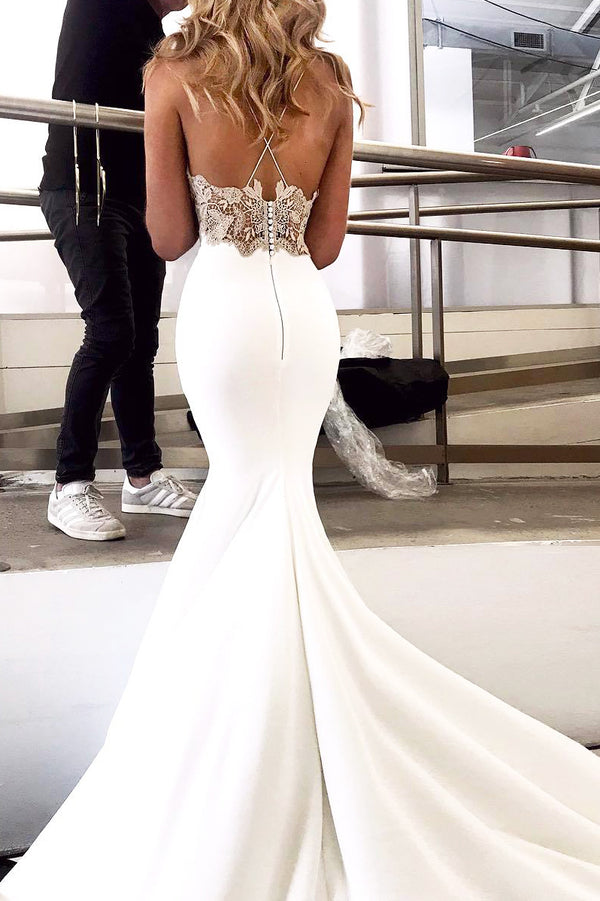 White Lace Bodice Mermaid Wedding Dress with Spaghetti Straps