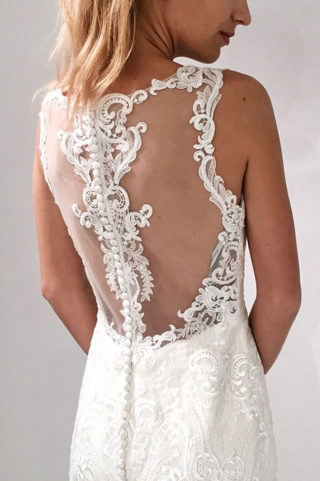 Long Illusion Neck A-line Ivory Wedding Dress with Lace