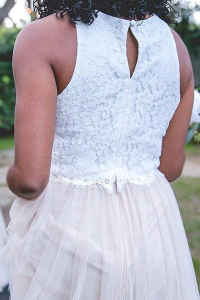 Two Piece Beige Long Bridesmaid Dress with White Lace Top