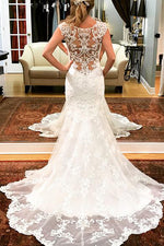 Long Mermaid Cap Sleeves Ivory Wedding Dress with Lace