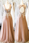 Hollow Out Back Appliqued Long Peach Prom Dress with Pearls