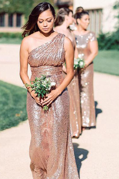 One Shoulder Rose Gold Sequins Long Bridesmaid Dress FancyVestido One Shoulder Rose Gold Sequins Long Bridesmaid Dress FancyVestido