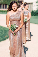 One Shoulder Rose Gold Sequins Long Bridesmaid Dress