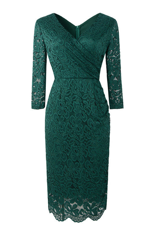 V-Neck Long Sleeves Emerald Green Party Dress