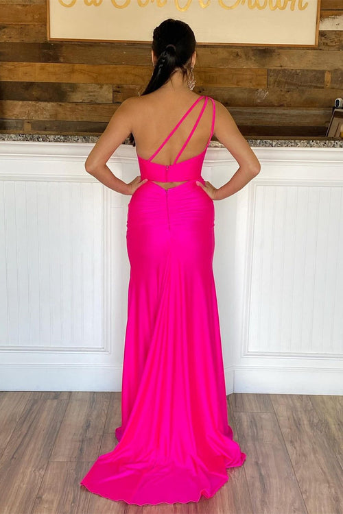 Hot Pink One Shoulder Satin Formal Dress with Slit