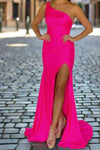 Hot Pink One Shoulder Satin Formal Dress with Slit