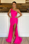 Hot Pink One Shoulder Satin Formal Dress with Slit