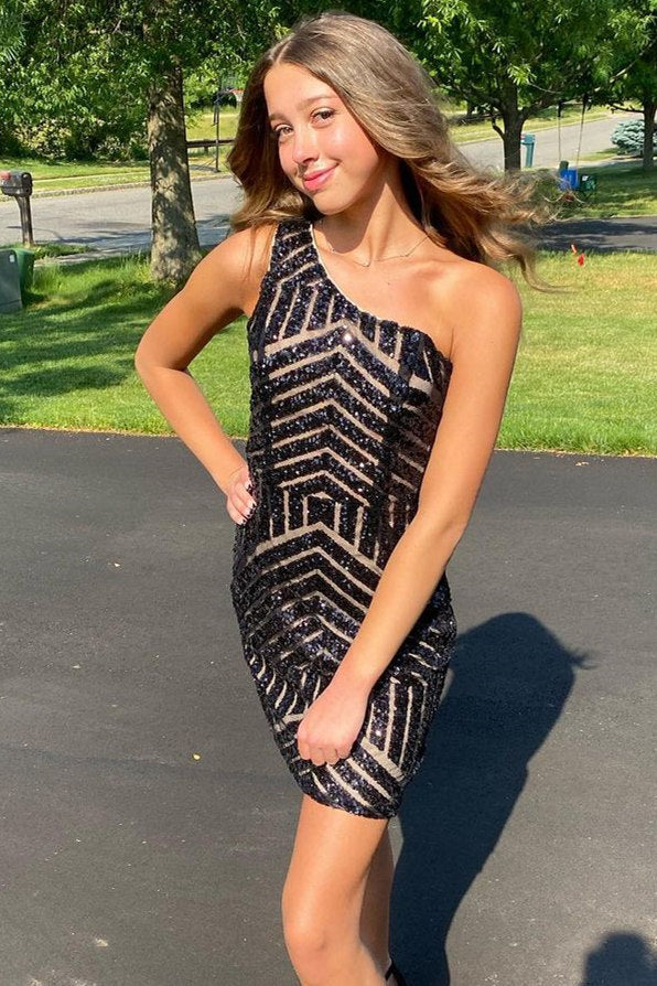 Stunning One Shoulder Black Sequins Homecoming Dress