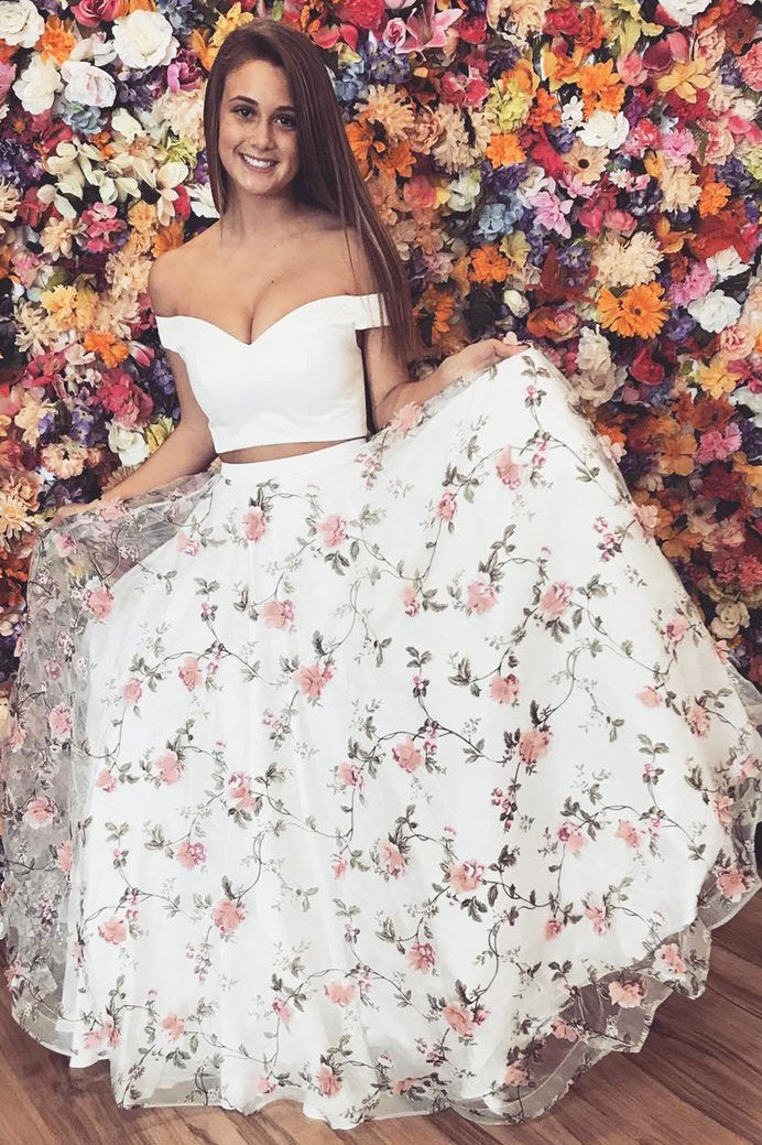 two piece off shoulder prom dress Princess Off Shoulder Two Piece Floral Long Prom Dress – FancyVestido