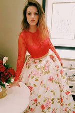 Two Piece Long Sleeves Floral Prom Dress