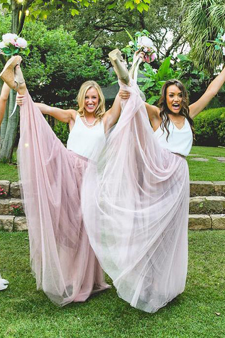 Two Piece Blush Pink Floor Length Bridesmaid Dress with White Top FancyVestido Two Piece Blush Pink Floor Length Bridesmaid Dress with White Top FancyVestido