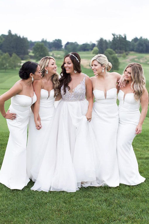 Strapless Mermaid White Long Bridesmaid Dress