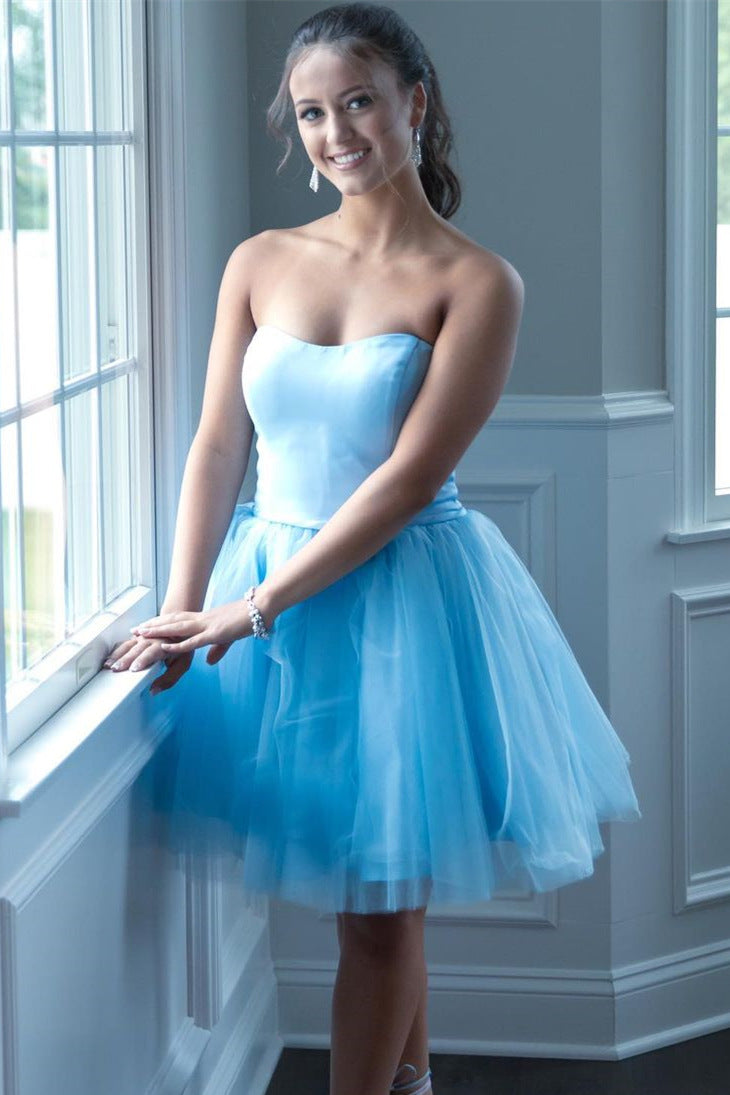 A-Line Strapless Light Blue Short Homecoming Dress