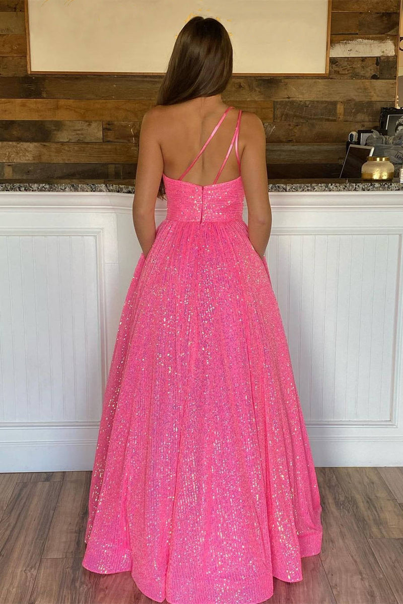 A-Line Glitter Hot Pink One Shoulder Formal Dress
