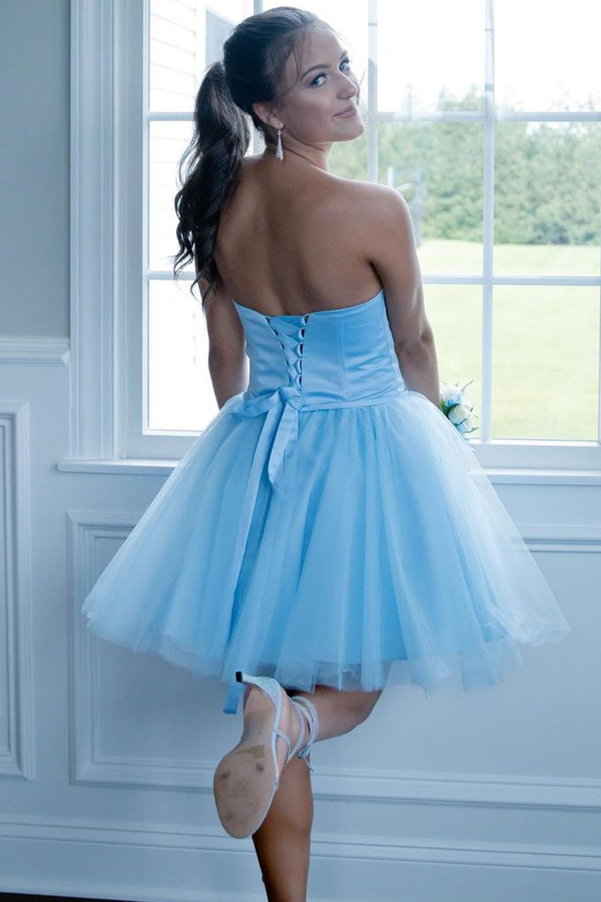 A-Line Strapless Light Blue Short Homecoming Dress FancyVestido A-Line Strapless Light Blue Short Homecoming Dress FancyVestido
