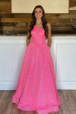 A-Line Glitter Hot Pink One Shoulder Formal Dress