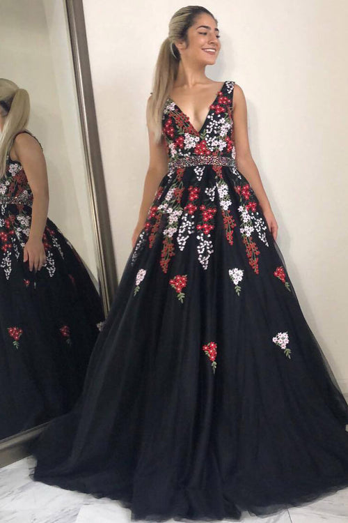 Princess A-line Black Long Prom Dress with Embroidery
