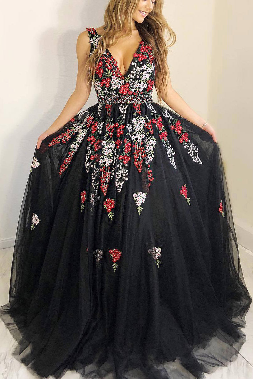 Princess A-line Black Long Prom Dress with Embroidery