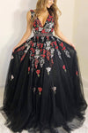 Princess A-line Black Long Prom Dress with Embroidery